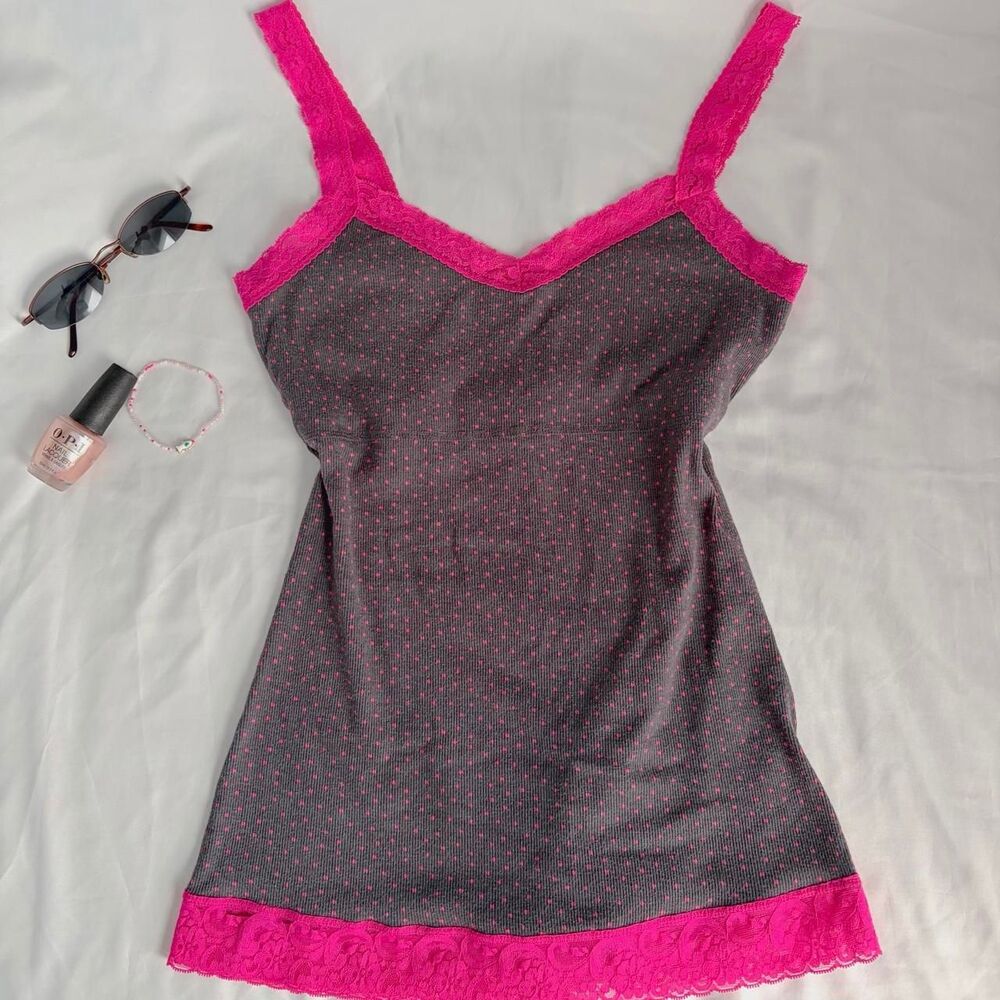 PacSun Kirra dark gray and hot pink polka dot lace trim cami
